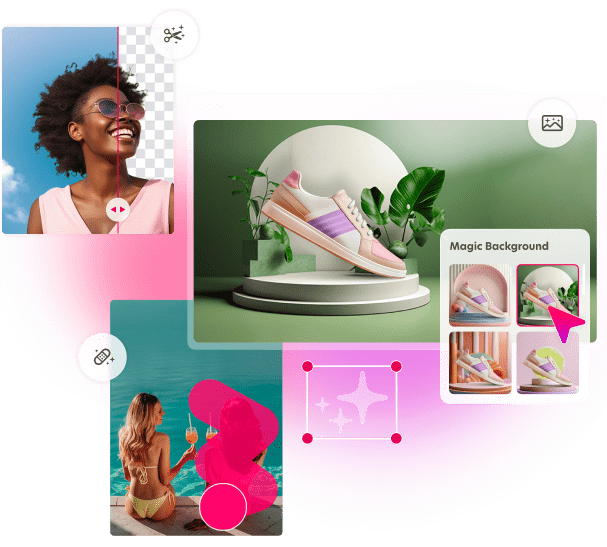 ai-powered photo editor features: remove background, generate custom backgrounds, remove objects and people