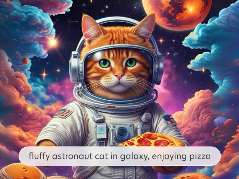 Surreal AI-generated image of a cat eating pizza in space, made using Bazaart’s AI picture generator.