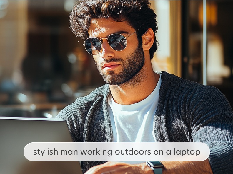 Realistic AI-generated image of a man with a laptop, made with Bazaart’s AI image generator for blogs, social, and more.