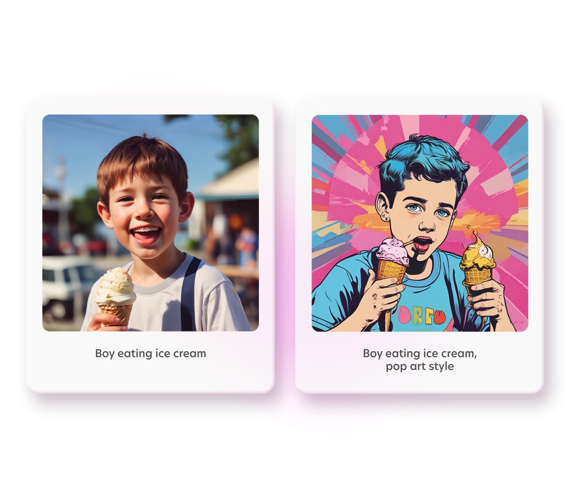 Comparison of AI-generated images: boy eating ice cream in pop art and realistic styles using Bazaart’s AI image generator.