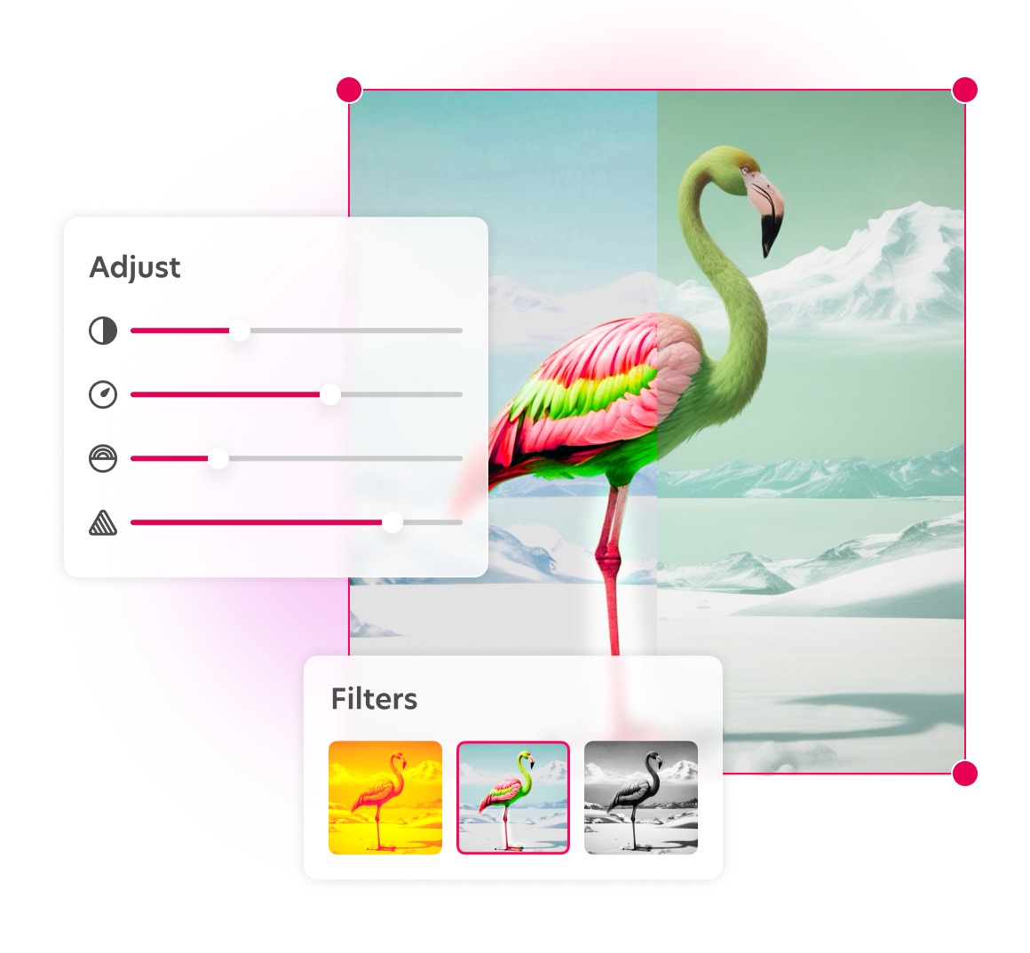 AI-generated flamingo image with filters applied, showcasing Bazaart’s photo adjustment and customization options.